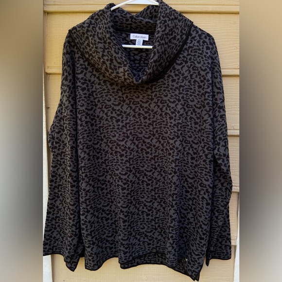 Calvin Klein Leopard Print Cowl Neck Long Sleeve Sweater - Picture 2 of 11